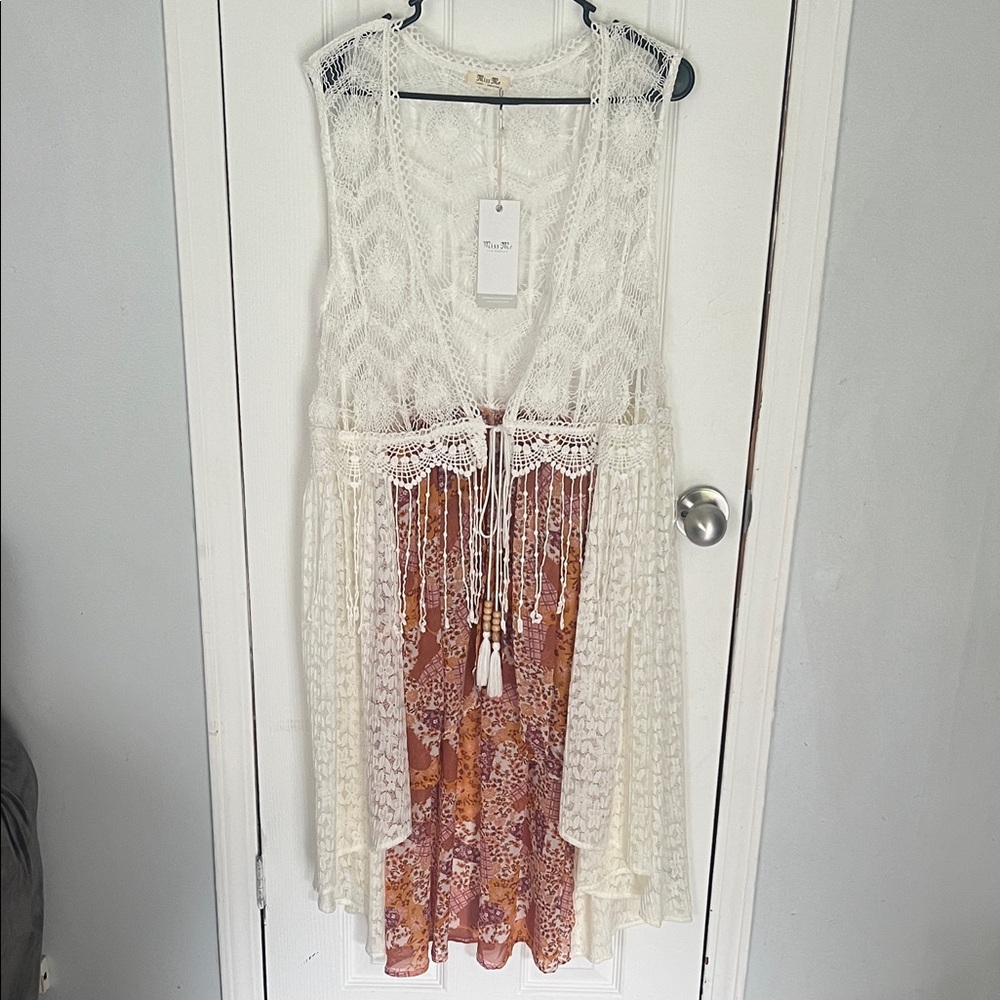 Miss Me White and Brown Lace Overlay Top